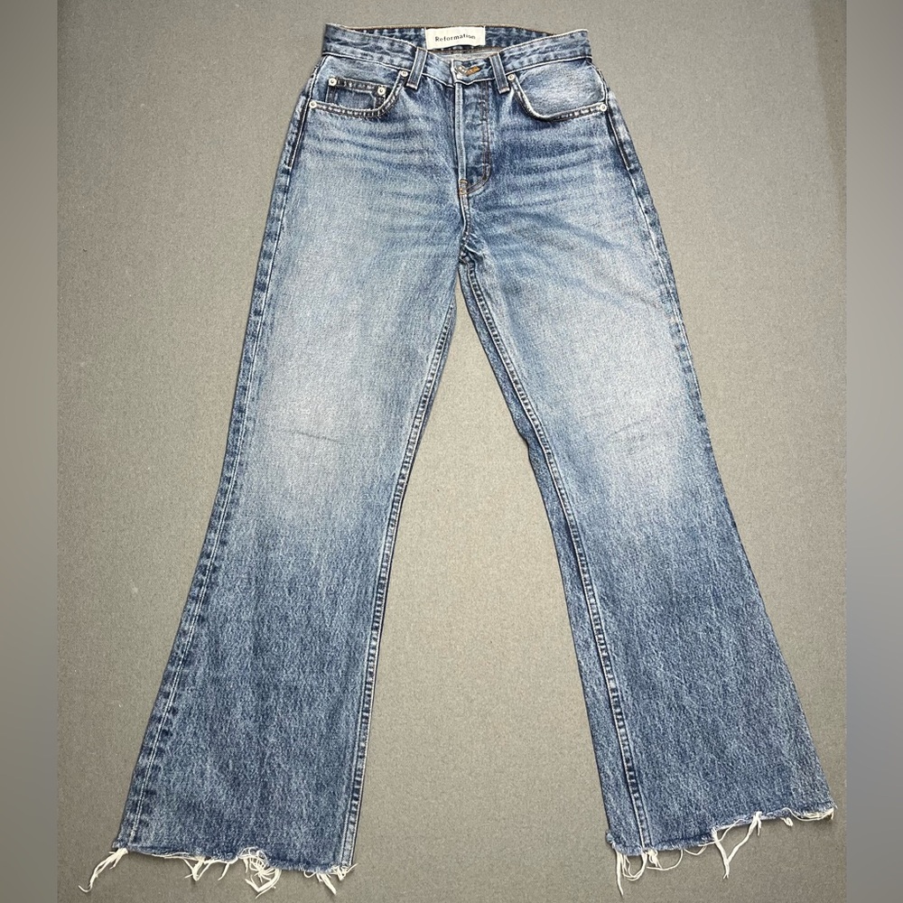 Reformation Cropped Blue Flare Jeans
